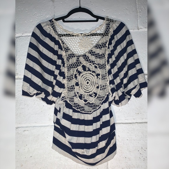 Navy and Cream Striped Shirt with Lace Back! - Picture 3 of 4